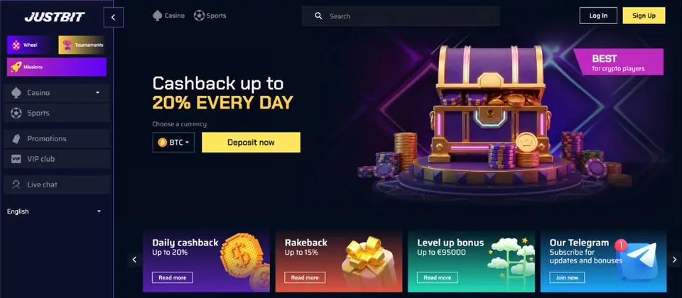A Justbit online kaszinó kezelőfelülete