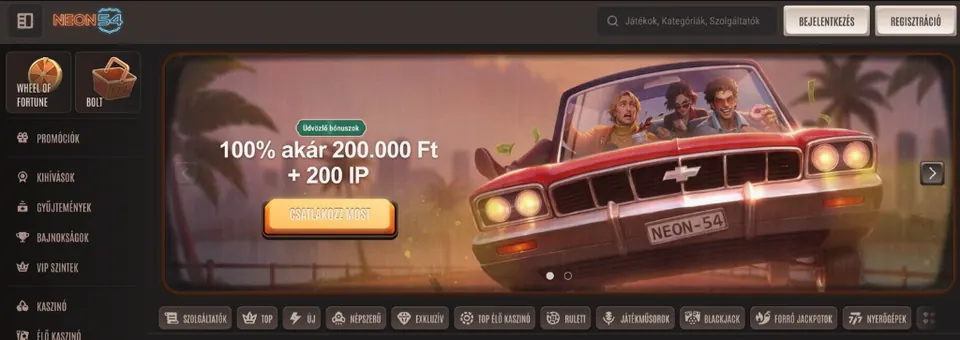 A Neon54 online kaszinó kezelőfelülete
